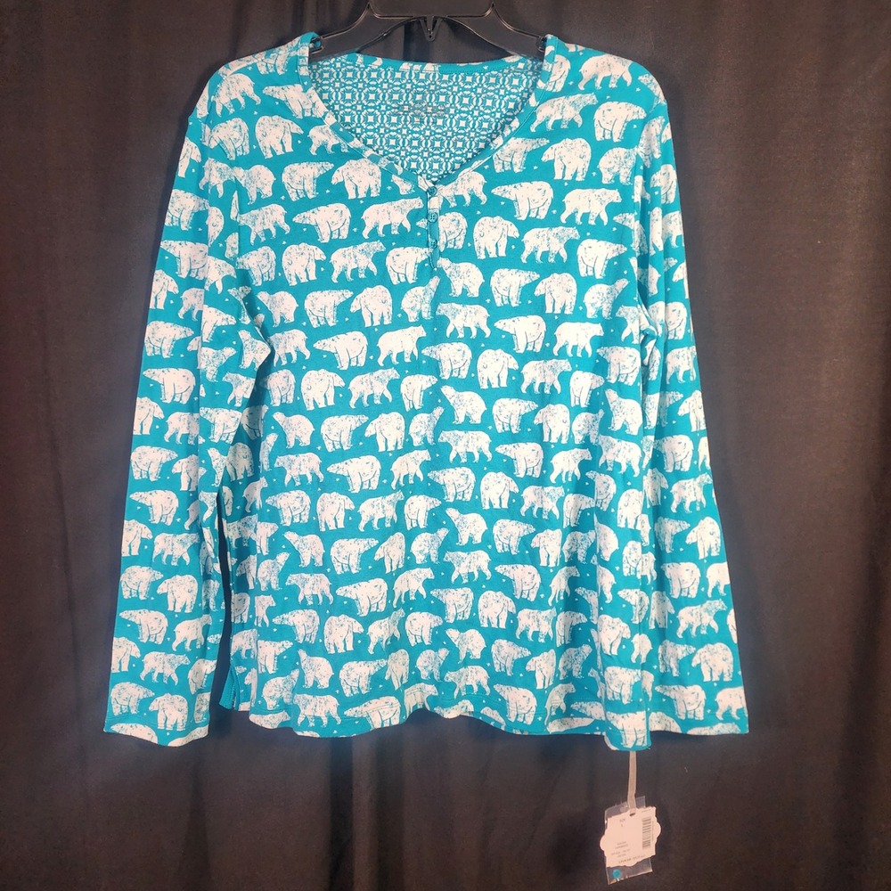 Sleep Sense Womens Polar Bear Henley Pajama Top Teal Capri Breeze Cotton L NWT‎